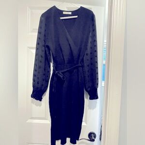 Grace Karin Tie Waist Knit Pullover Dress Mesh Long Sleeve V Neck Dress Black L